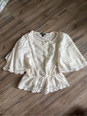 Express Ivory Cream Embroidered Peplum Top with Flutter Sleeves